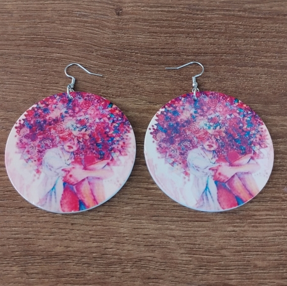 Artistic Watercolor Floral Hair Girl Round Disc Wooden Drop Earrings - Picture 3 of 3